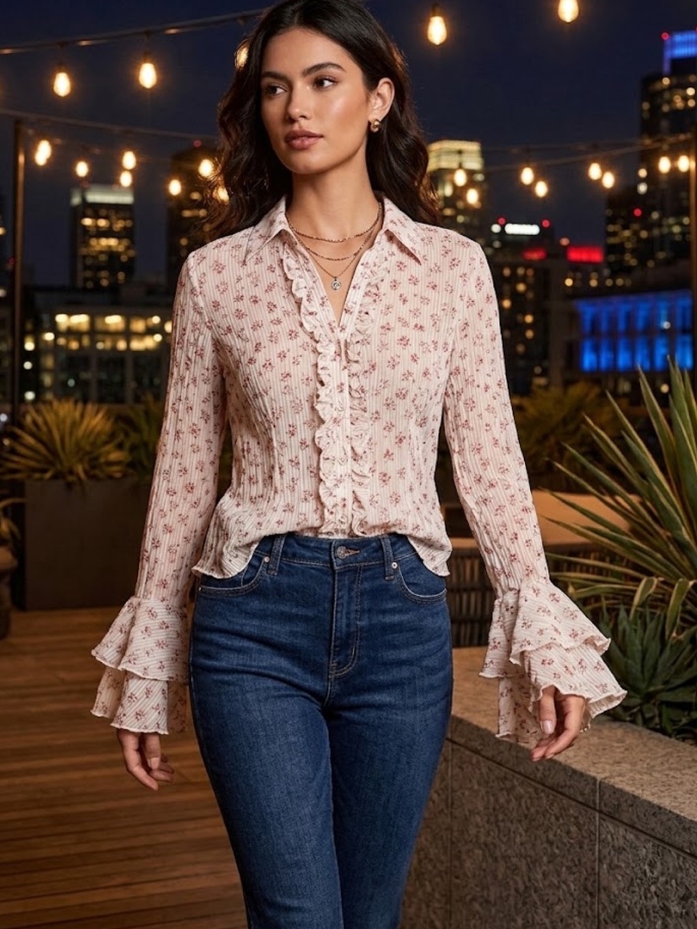 Bisou Bisou Pink Floral Ruffle Front Button Blouse